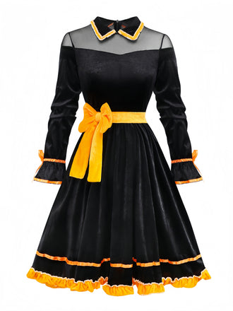 Black 1940s Lapel Bow Patchwork Dress - vintage dress, retro fashion, classic black