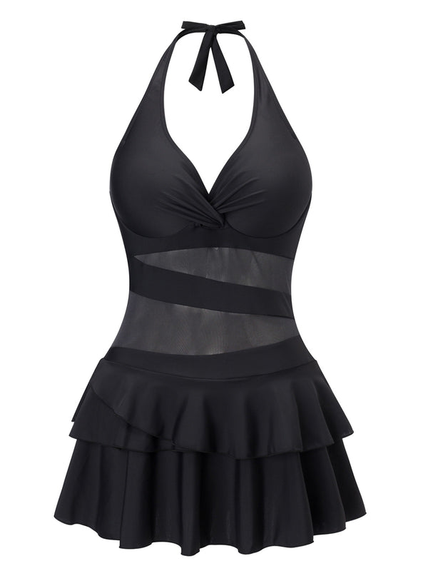 Women's Halter Sheer Layered Hem One-piece Swimdress Black Women's Halter Sheer Layered Hem One-piece Swimdress Black