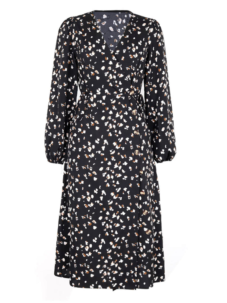 She slips into this Black 1940s Leopard V-Neck Wrap Dress and suddenly it's a 1940s daydream
