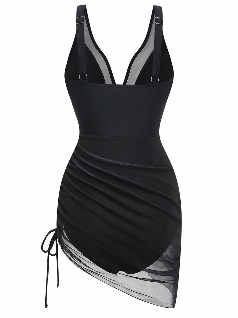 Black 1940s Mesh Bodycon Patchwork One Piece Swimsuit