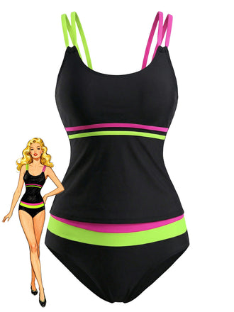 Black 1940s Neon Colorblock Double Strap Tankini Set - vintage fashion, retro style for vintage lovers