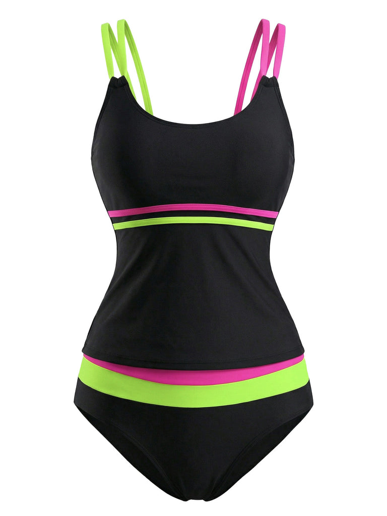 Black 1940s Neon Colorblock Double Strap Tankini Set - vintage fashion, retro style for vintage lovers