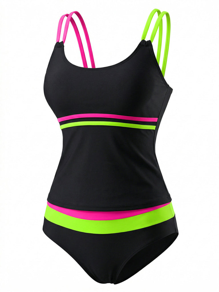 Black 1940s Neon Colorblock Double Strap Tankini Set - vintage fashion, retro style for vintage lovers