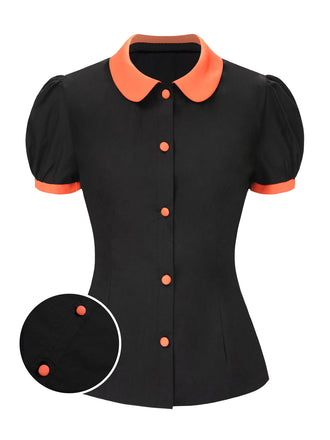 She pairs this Black 1940s Peter Pan Collar Halloween Puff Sleeve Blouse with confidence and 1940s charm