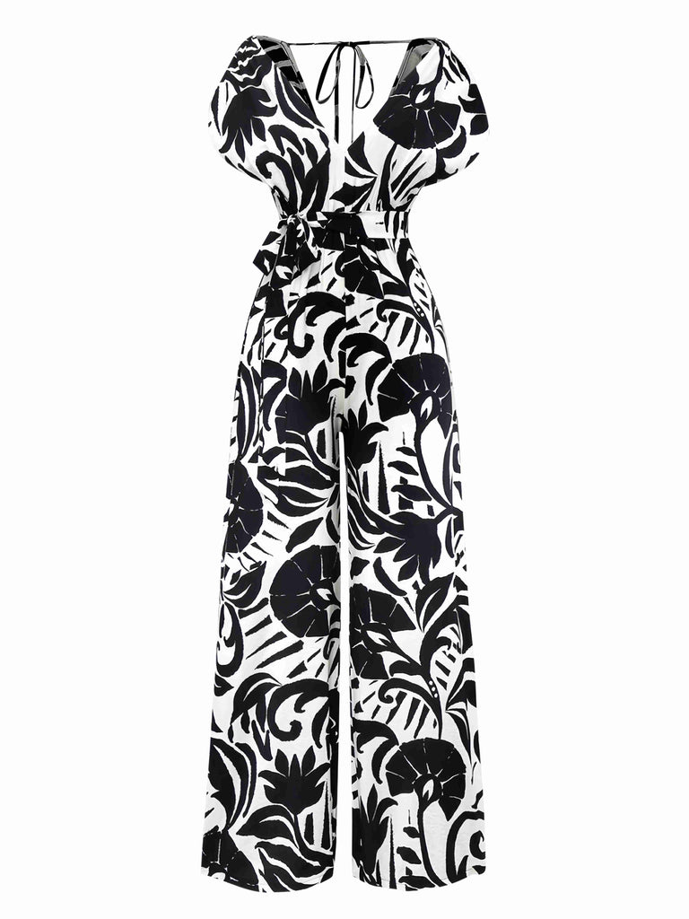 Black 1940s Plants Silhouette Bat Sleeve Jumpsuit - vintage jumpsuit, retro fashion, classic black