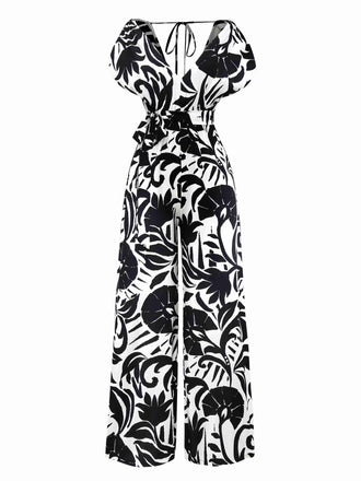 Black 1940s Plants Silhouette Bat Sleeve Jumpsuit - vintage jumpsuit, retro fashion, classic black