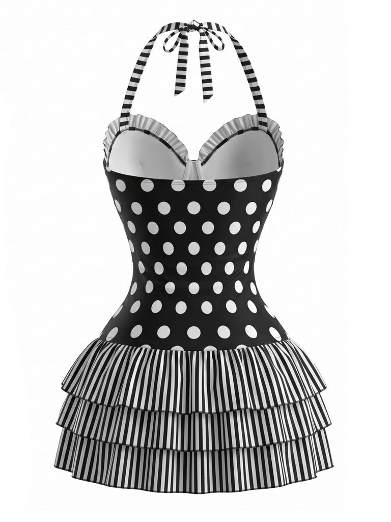Vintage Halter Polka Dot Striped Bow One-Piece Swimdress Black&White