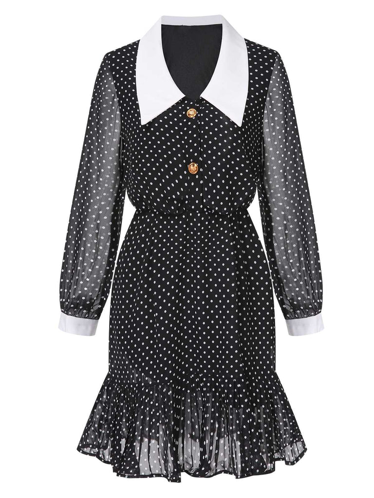 Black 1940s Polka Dot Contrast Collar Dress, vintage dress, retro fashion - perfect for women who love vintage and retro fashion
