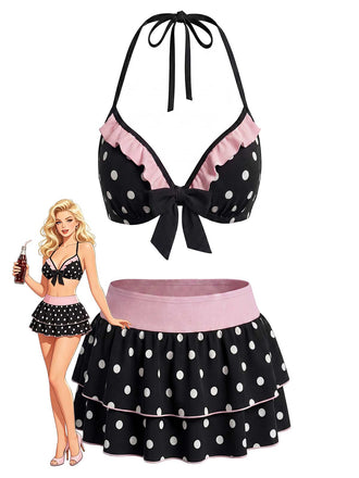 Black 1940s Polka Dot Halter Bikini Set