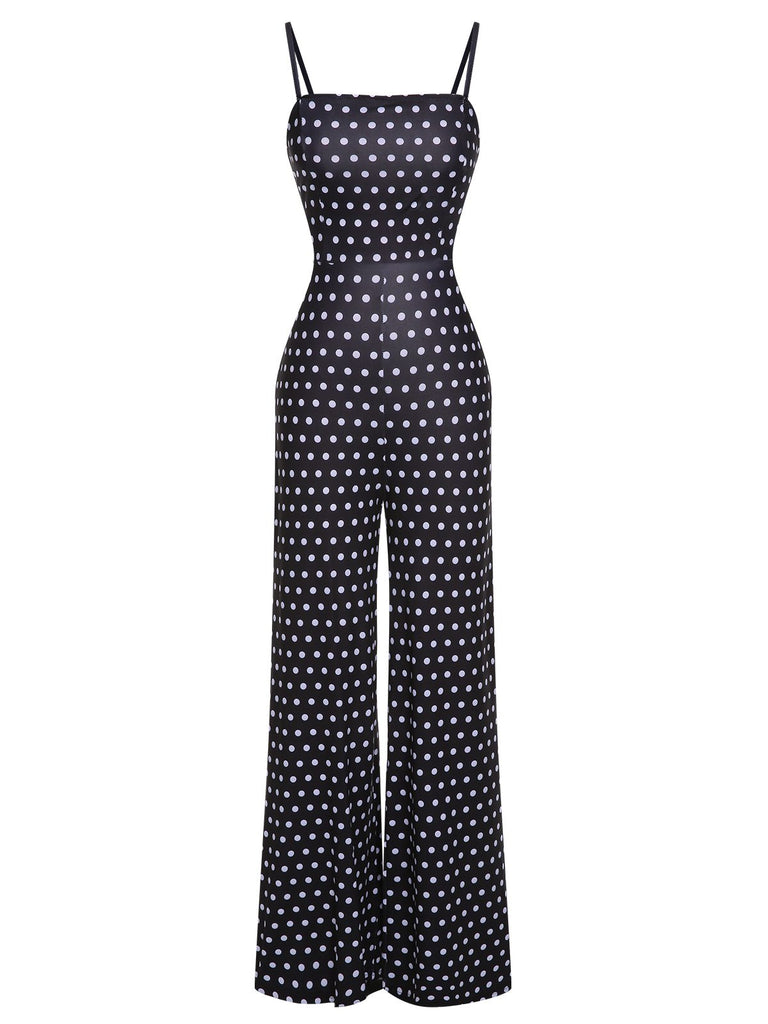 Black 1940s Polka Dots Back Strap Jumpsuit, vintage romper, retro jumpsuit - perfect for women who love vintage and retro fashion