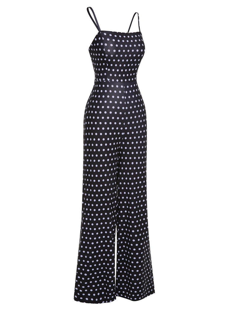 Black 1940s Polka Dots Back Strap Jumpsuit, vintage romper, retro jumpsuit - perfect for women who love vintage and retro fashion