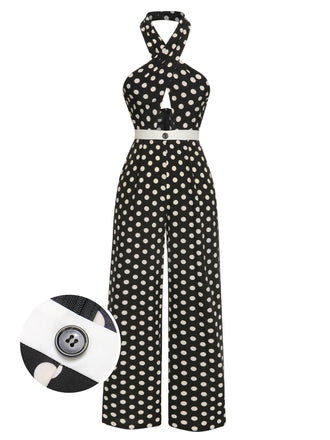 Black 1940s Polka Dots Cross Halter Jumpsuit, vintage romper, retro jumpsuit - perfect for women who love vintage and retro fashion