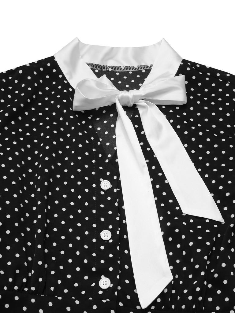 blue dress for baby girl Black 1940s Polka Dots Tie Neck Dress