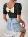 Black 1940s Puff Sleeve Back-Bow Pearl Top - vintage fashion, retro style, classic black