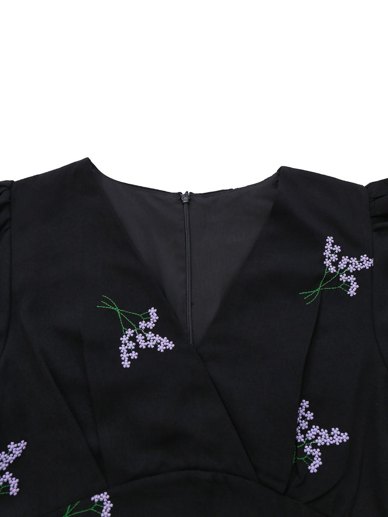 Vintage Embroidered Floral V-Neck Short Sleeve Midi Dress Black Vintage Embroidered Floral V-Neck Short Sleeve Midi Dress Black