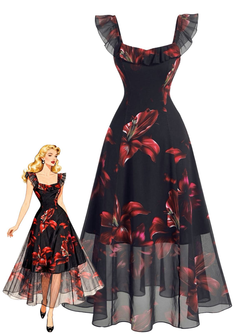 Black 1940s Red Lily Print Ruffle Sleeve Mesh Dress