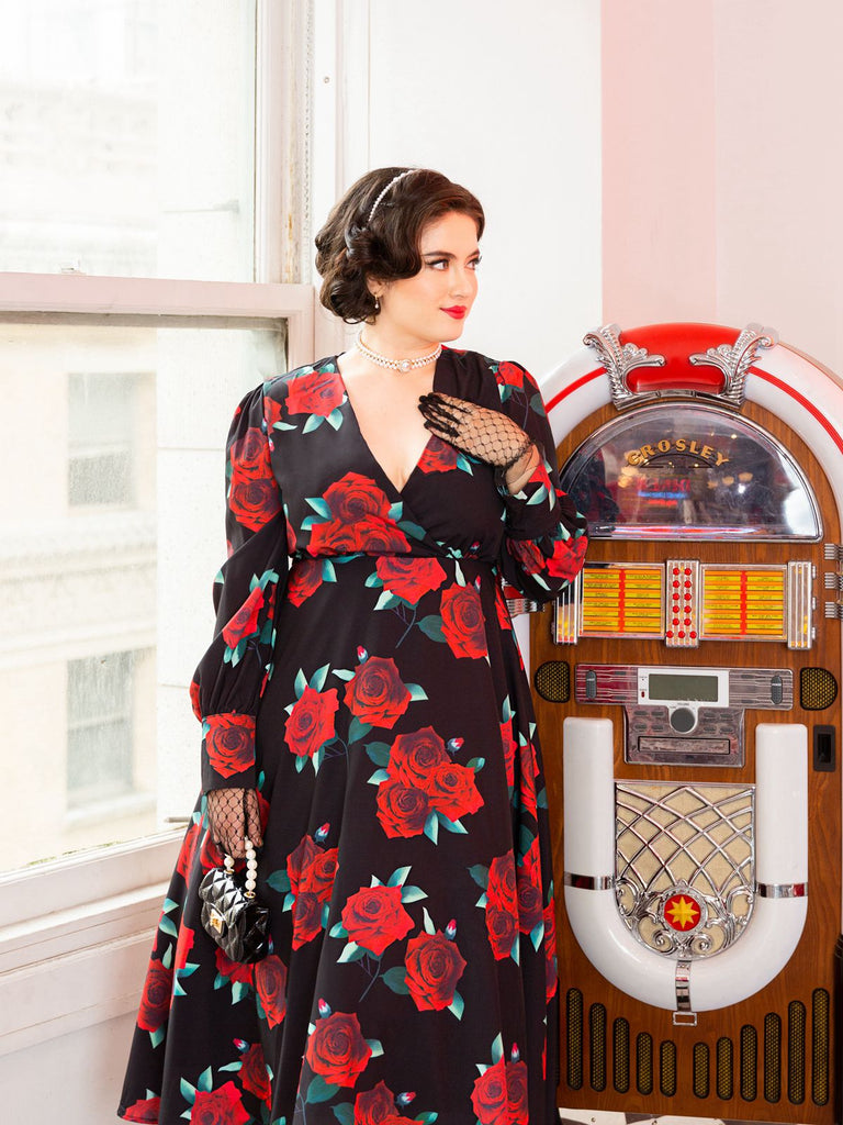 Black 1940s Rose Lantern Sleeved Lace-Up Dress — vintage elegance for the modern woman