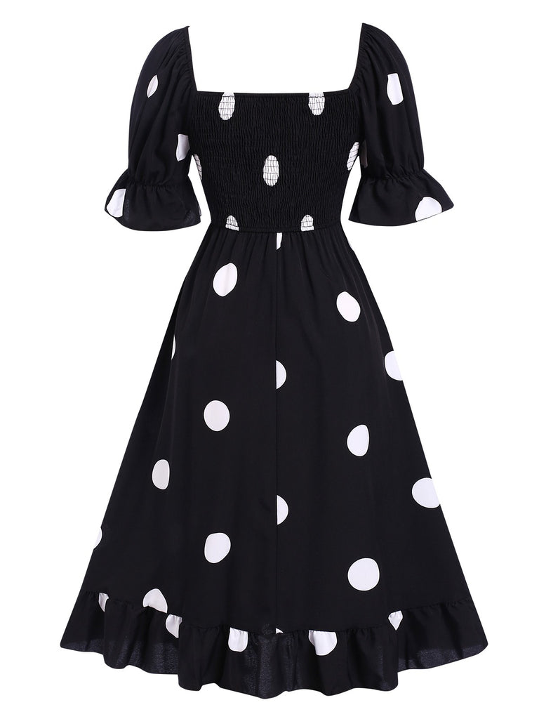 Black 1940s Ruffle Cuffs Polka Dots Smocked Dress, vintage dress, retro fashion - perfect for women who love vintage and retro fashion