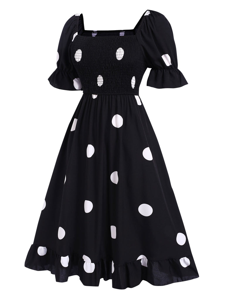 Black 1940s Ruffle Cuffs Polka Dots Smocked Dress, vintage dress, retro fashion - perfect for women who love vintage and retro fashion