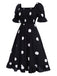 Black 1940s Ruffle Cuffs Polka Dots Smocked Dress, vintage dress, retro fashion - perfect for women who love vintage and retro fashion
