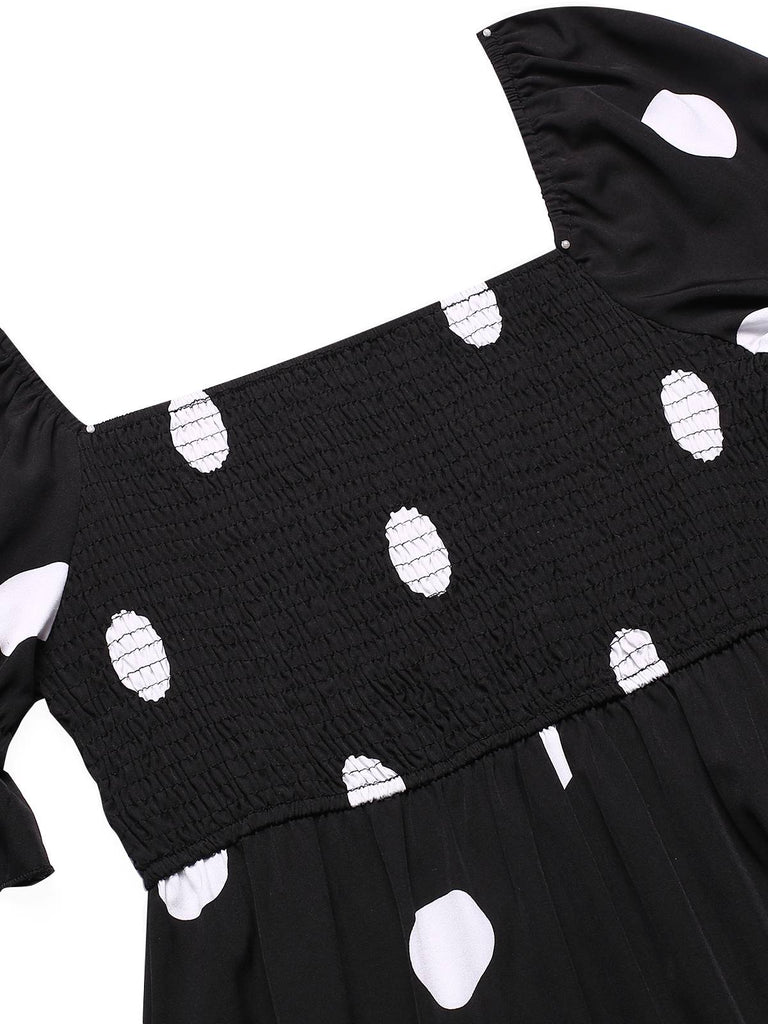 Black 1940s Ruffle Cuffs Polka Dots Smocked Dress, vintage dress, retro fashion - perfect for women who love vintage and retro fashion