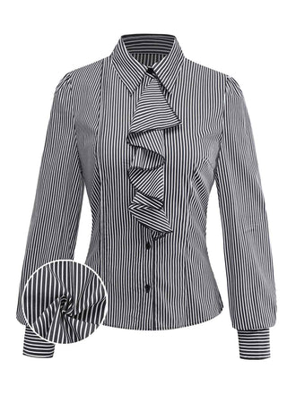 Black 1940s Ruffled Lapel Vertical Striped Blouse - vintage fashion, retro style, classic black