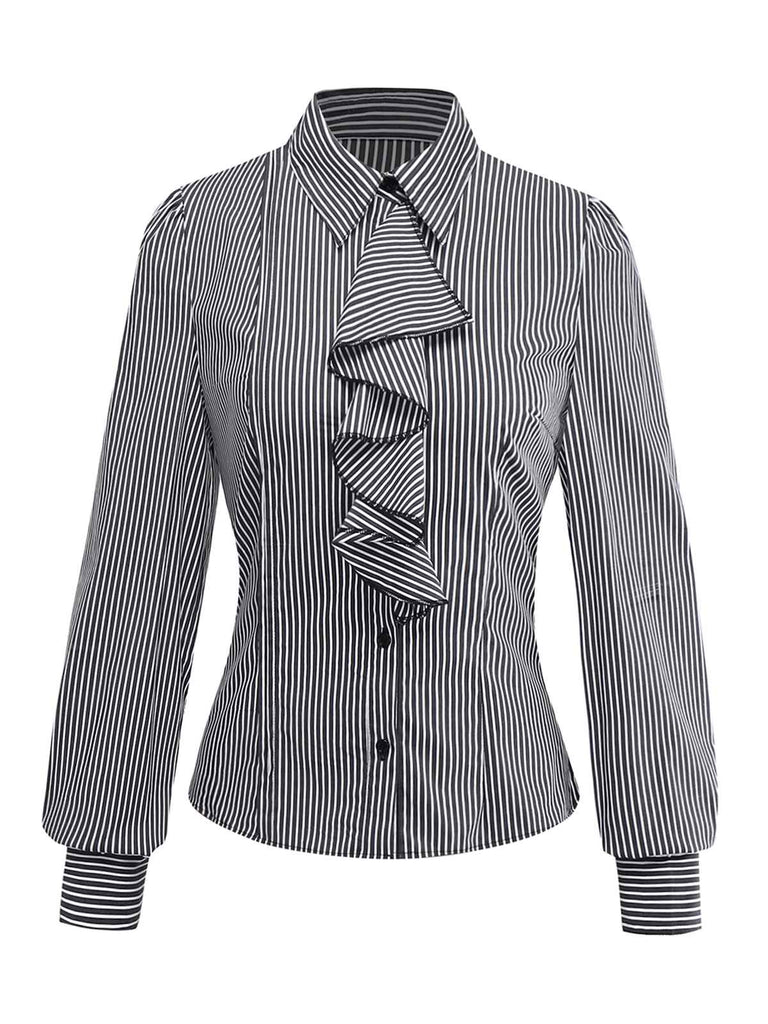 Black 1940s Ruffled Lapel Vertical Striped Blouse - vintage fashion, retro style, classic black