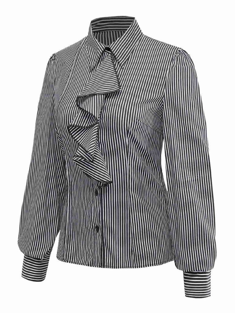 Black 1940s Ruffled Lapel Vertical Striped Blouse - vintage fashion, retro style, classic black