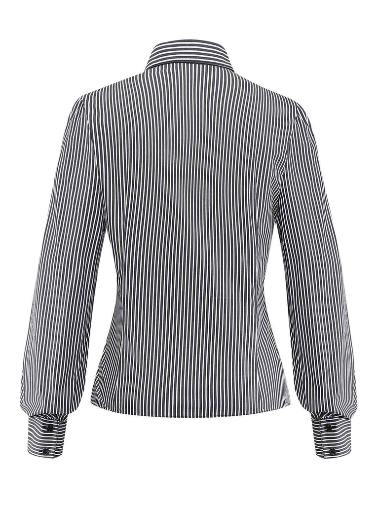 Black 1940s Ruffled Lapel Vertical Striped Blouse - vintage fashion, retro style, classic black