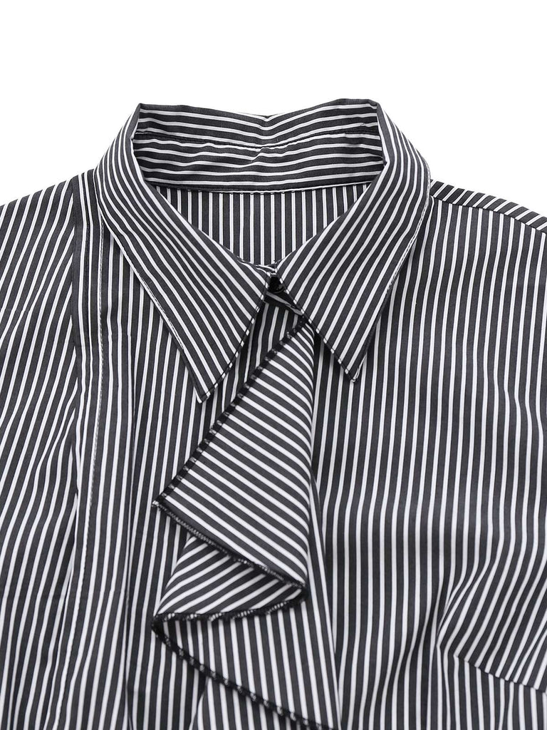 Black 1940s Ruffled Lapel Vertical Striped Blouse - vintage fashion, retro style, classic black