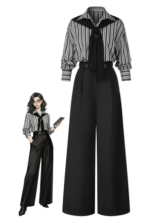 Black 1940s Shirt Collar Stripe Jumpsuit With Cape, vintage romper, retro jumpsuit - perfect for women who love vintage and retro fashion