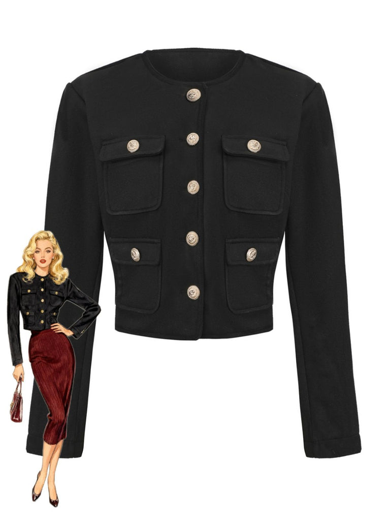 Black 1940s Solid Faux-Wool Short Jacket - vintage fashion, retro style, classic black