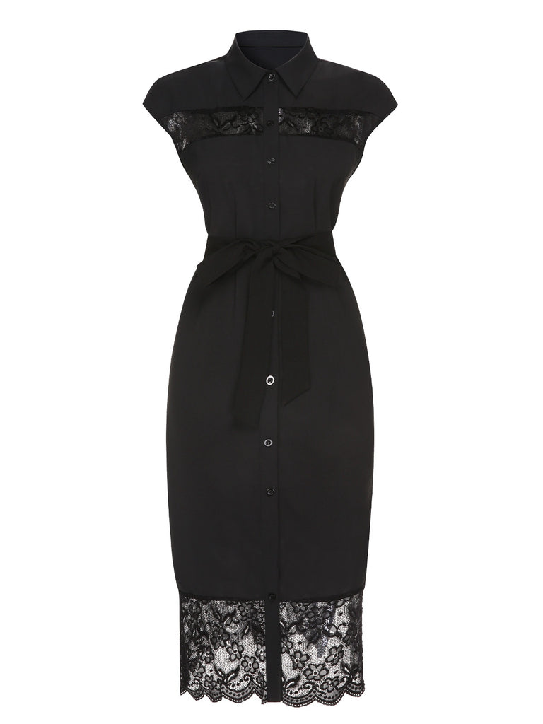 She slips into this Black 1940s Solid Lace Shirt Collar Belted Dress and suddenly it's a 1940s daydream
