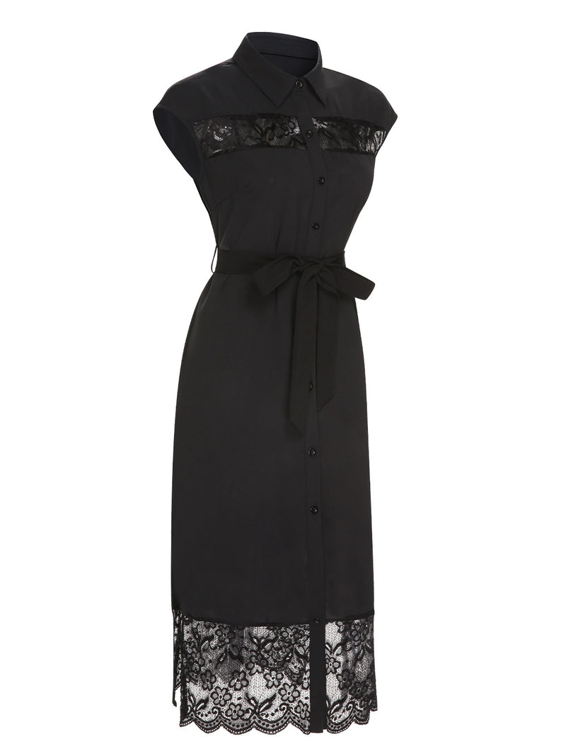 Black 1940s Solid Lace Shirt Collar Belted Dress | Retro Stage