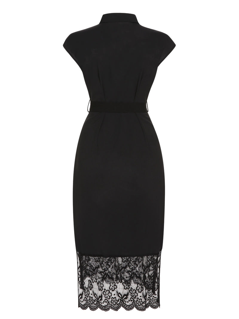 Women's Lace Lapel Sleeveless Belted Sheath Cocktail Dress Black Women's Lace Lapel Sleeveless Belted Sheath Cocktail Dress Black