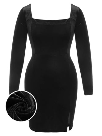 [Plus Size] Black 1940s Solid Square Neck Velvet Dress, vintage dress, retro fashion - perfect for women who love vintage and retro fashion