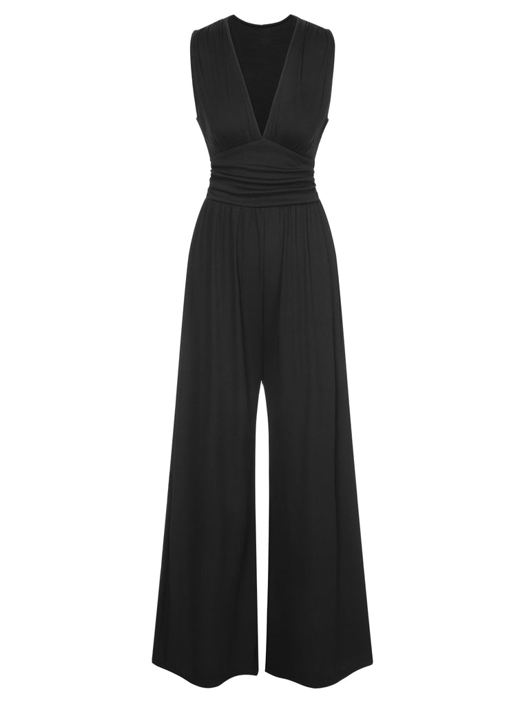 Black 1940s Solid V-Neck Jumpsuit, vintage romper, retro jumpsuit - perfect for women who love vintage and retro fashion