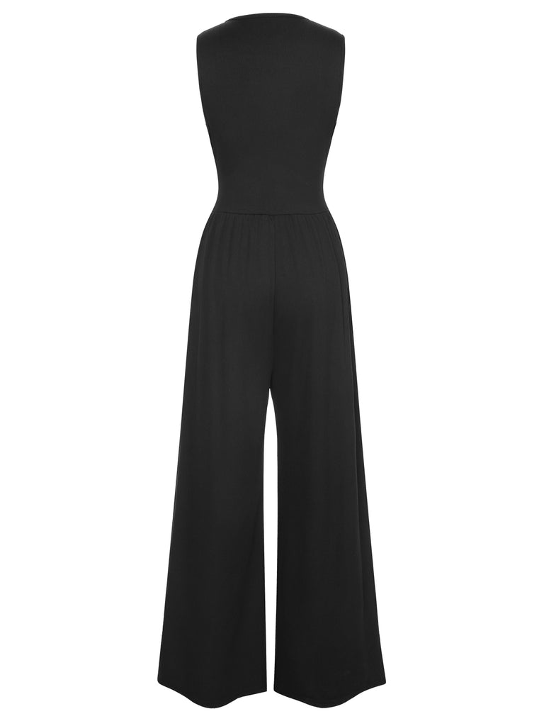Black 1940s Solid V-Neck Jumpsuit, vintage romper, retro jumpsuit - perfect for women who love vintage and retro fashion