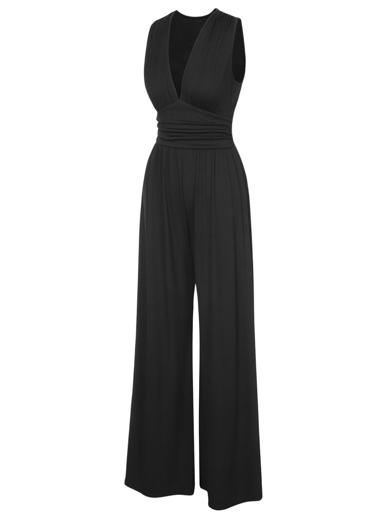 Black 1940s Solid V-Neck Jumpsuit, vintage romper, retro jumpsuit - perfect for women who love vintage and retro fashion