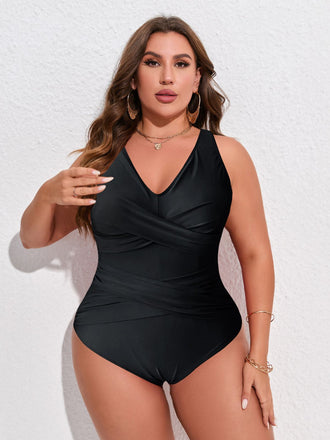 [Plus Size] Black 1940s Solid V-Neck One-Piece Swimsuit, vintage swimsuit, pin-up swimwear - perfect for women who love vintage and retro fashion