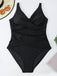 [Plus Size] Black 1940s Solid V-Neck One-Piece Swimsuit, vintage swimsuit, pin-up swimwear - perfect for women who love vintage and retro fashion
