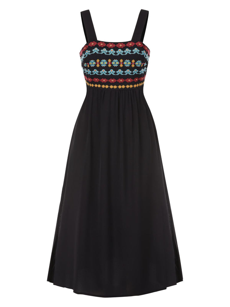 She slips into this Black 1940s Strap Embroidered Floral Maxi Dress and suddenly it's a 1940s daydream