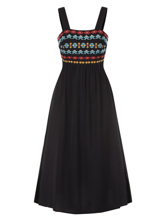 She slips into this Black 1940s Strap Embroidered Floral Maxi Dress and suddenly it's a 1940s daydream