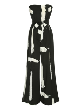 She finds her 1940s story in this Black 1940s Strapless Colorblock Jumpsuit