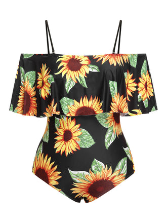 She's wearing Black 1940s Sunflower Cold-Shoulder Swimsuit and the whole beach remembers the 1940s
