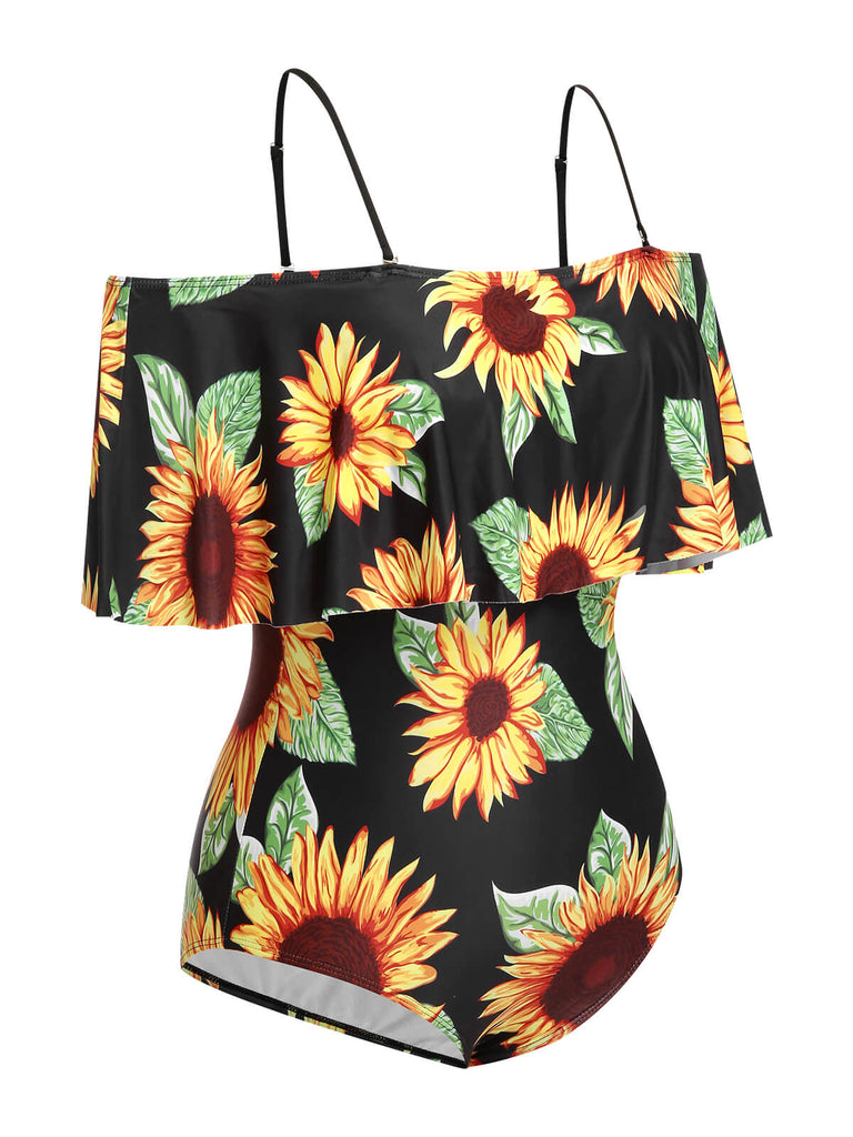 Black 1940s Sunflower Cold-Shoulder Swimsuit: 1940s Riviera elegance, reimagined for her