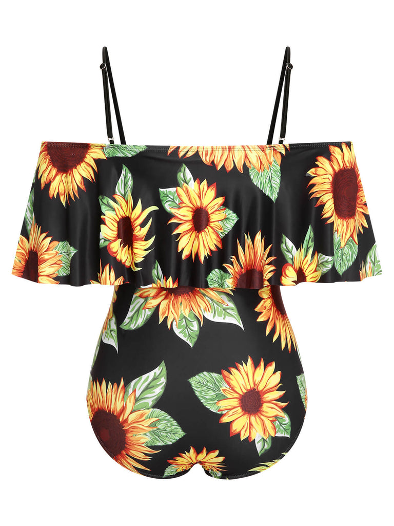 This Black 1940s Sunflower Cold-Shoulder Swimsuit carries 1940s vacation dreams in every stitch