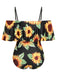 This Black 1940s Sunflower Cold-Shoulder Swimsuit carries 1940s vacation dreams in every stitch
