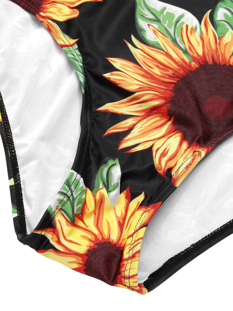 Black 1940s Sunflower Cold-Shoulder Swimsuit — 1940s poolside glamour meets sun-drenched confidence