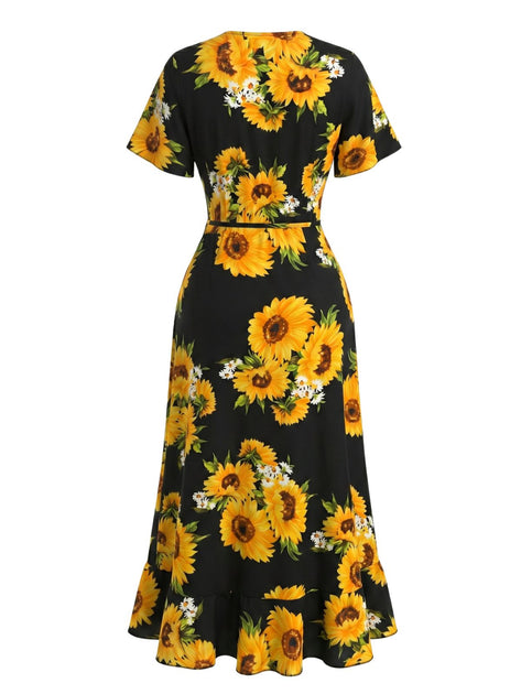 Women's Sunflower Floral Wrap V Neck Midi Dress Black
